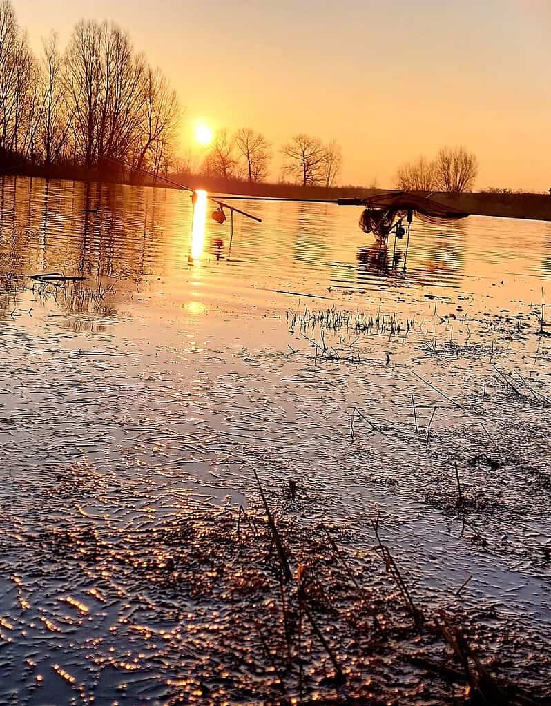 Een serene zonsondergang over een groot water met de weerspiegeling van de zon in het meer, omringd door kale bomen en stukken gras op de voorgrond, wat doet denken aan een tafereel geschilderd door Johan van Ingen.