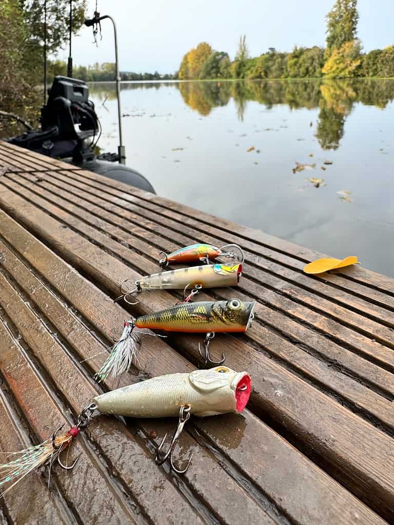 Vier vislokmiddelen liggen op een houten steiger naast een kalm meer, met bomen op de achtergrond en een boot die licht zichtbaar is aan de linkerkant. De serene omgeving roept herinneringen op aan black bass-visavonturen in de Lot-regio van Frankrijk.