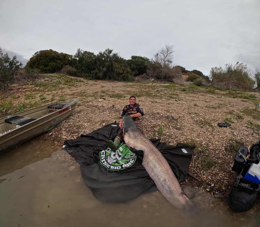 Een persoon zit op een rotsachtige kust met een grote vis op een zeildoek, en viert de vangsten, met een klein bootje in de buurt.