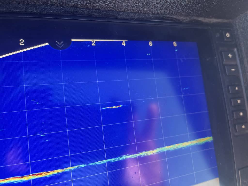 Close-up van een sonardisplay met rasters, met gegevens in blauw en geel. De horizontale schaal is gelabeld van 0 tot 8, waardoor verre details dichterbij komen dan ooit.