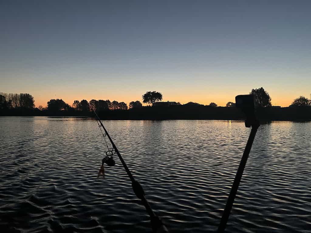 De silhouetten van hengels tegen een kalm meer bij zonsondergang, met een met bomen omzoomde oever en een heldere lucht op de achtergrond, roepen een sereniteit op die doet denken aan een scène uit'Op naar deel 8'.