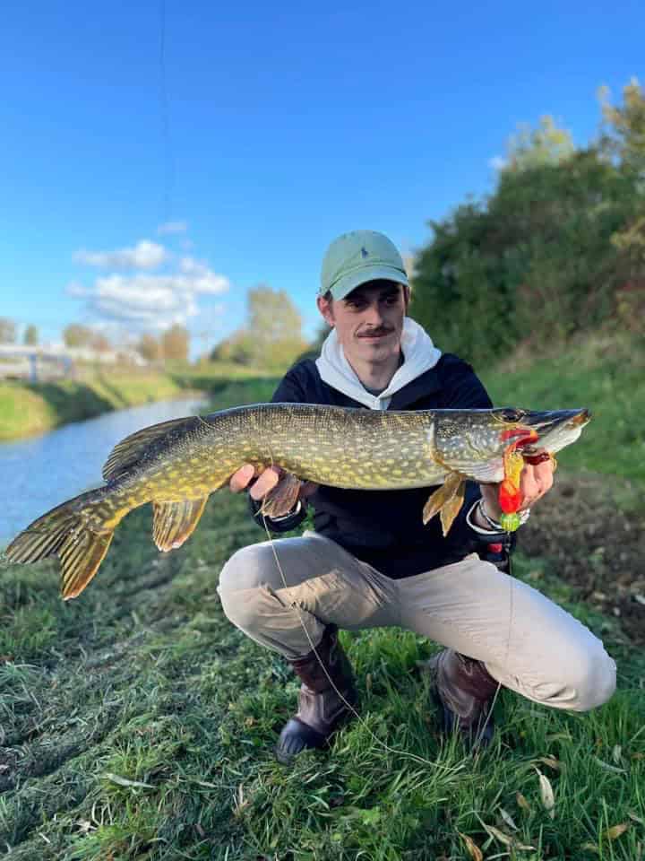 Een persoon knielt op het gras bij een rivier en houdt trots een grote vis vast met beide handen. Met een pet en buitenkleding vieren ze de indrukwekkende vangsten van deze week.