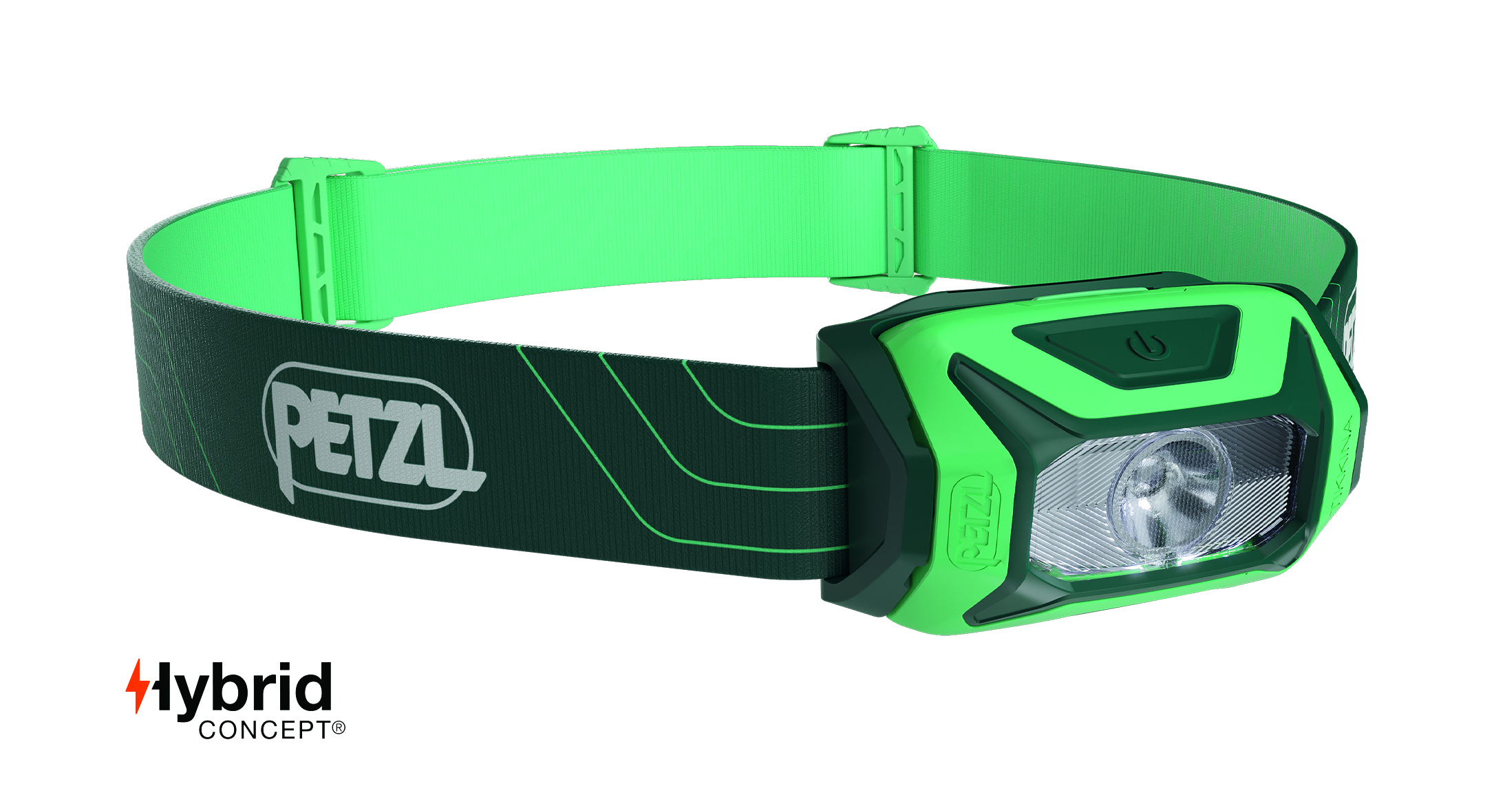 Een groen-zwarte Petzl Hoofdlampen hoofdlamp met een verstelbare band en een Hybrid Concept-logo, perfect voor uw volgende avontuur op de visstek.