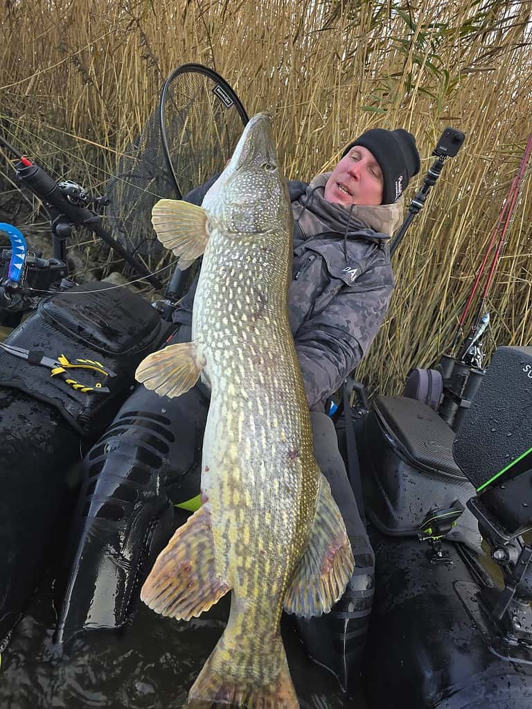 Een persoon zit in een boot onder de heldere hemel, trots zijn vangsten van de week vasthoudend: een grote vis. Omringd door visgerei en riet, genieten ze van een ander sereen weekje op het water.