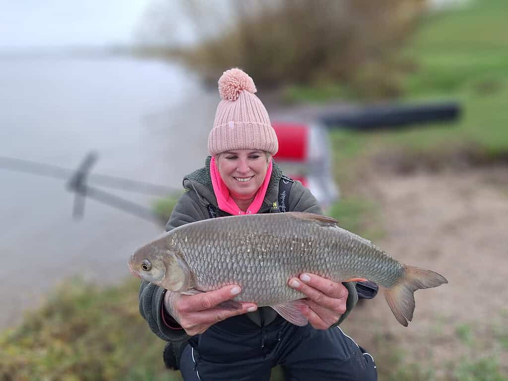 Een persoon met een roze hoed, die geniet van de kunst van het feedervissen, houdt trots een grote vis vast aan de oever van de Waal tijdens hoogwater.