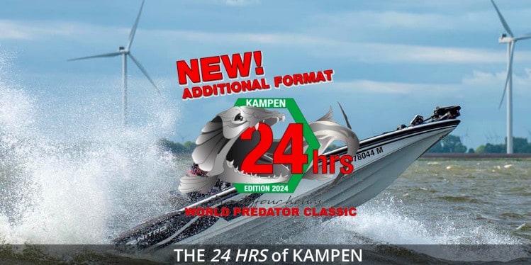 Een speedboot racet over de woelige zee, met op de achtergrond draaiende windturbines. Tekstoverlay luidt: "NIEUW! EXTRA FORMAAT: AUTOMATISCHE CONCEPTEN 24 UUR EDITIE 2024, WORLD PREDATOR CLASSIC, DE 24 UUR VAN KAMPEN".