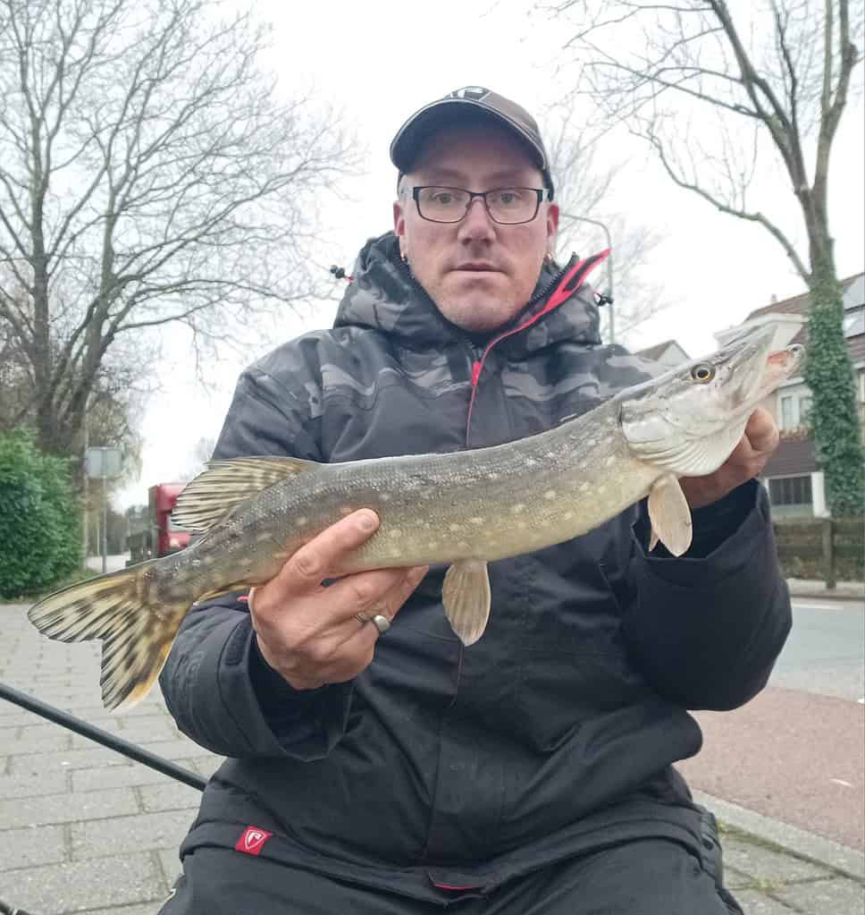 Een persoon in buitenkleding toont trots zijn vangsten en houdt een vis vast op de stoep met bomen en huizen op de achtergrond. Hij legt de triomf van het avontuur van de week vast.