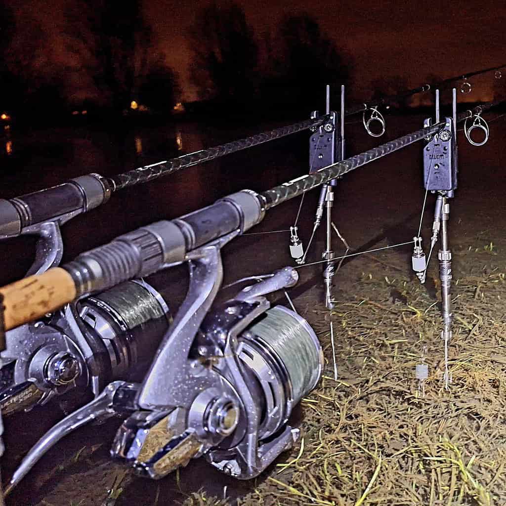 Close-up van twee hengels met molens en beetmelders, 's nachts op het gras bij het water geplaatst. Dit roept een serene scène op, perfect voor het karpervissen in de winter.