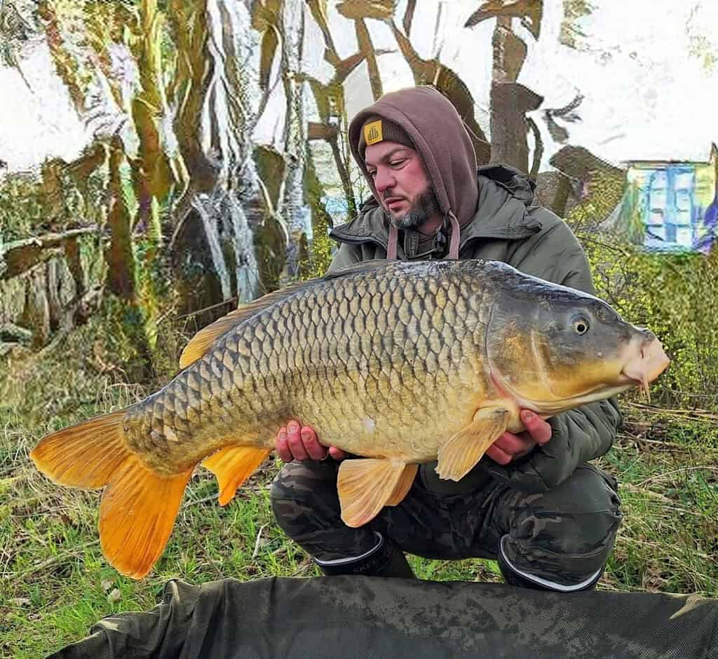 Een persoon staat buiten in een bosgebied en houdt trots een grote karpervis vast, warm gekleed in een jas met capuchon en een camouflagebroek.