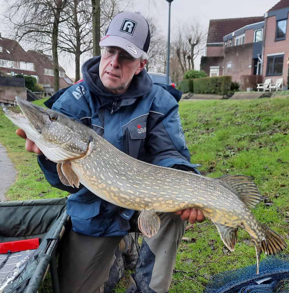 Een persoon in outdoorkleding toont trots zijn vangst van de week: een grote vis met zichtbare schubben en vinnen. Hij staat bij een grasveld met huizen op de achtergrond.