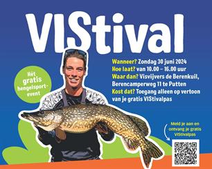 Een persoon die een grote vis vasthoudt, ter promotie van VISTival 2024, een gratis visevenement in de Berenkuil op 30 juni. Details over tijd, locatie in Putten en toelatingseisen worden gegeven.