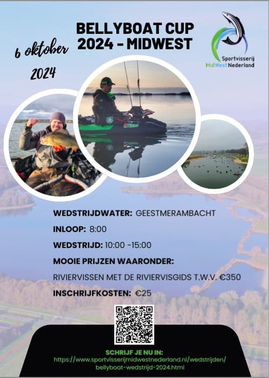 Flyer voor de Bellyboat Cup 2024-Midwest Nederland op 6 oktober 2024. Het sportvisserijevenement vindt plaats in Geestmerambacht. Het inschrijfgeld bedraagt € 25,-. Wedstrijddetails en prijsinformatie worden verstrekt.