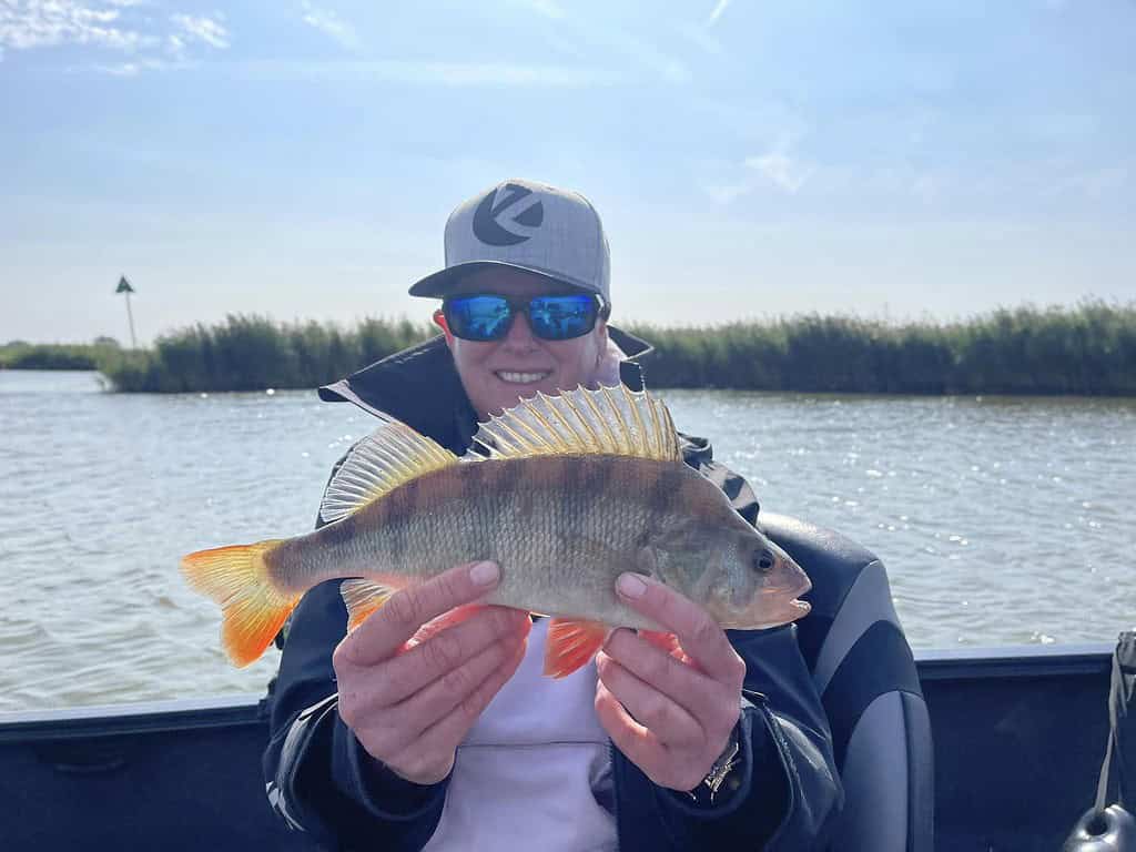 Een persoon met een pet en zonnebril toont trots zijn vangst op een boot, het serene water en het riet vormen een perfect decor. Dropshotten heeft er nog nooit zo moeiteloos uitgezien terwijl ze de vis met vaardig gemak binnenhalen.