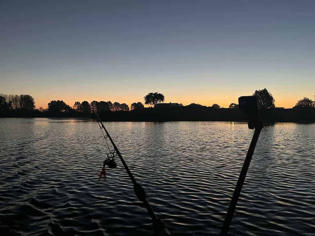 De silhouetten van hengels tegen een kalm meer bij zonsondergang, met een met bomen omzoomde oever en een heldere lucht op de achtergrond, roepen een sereniteit op die doet denken aan een scène uit 'Op naar deel 8'.